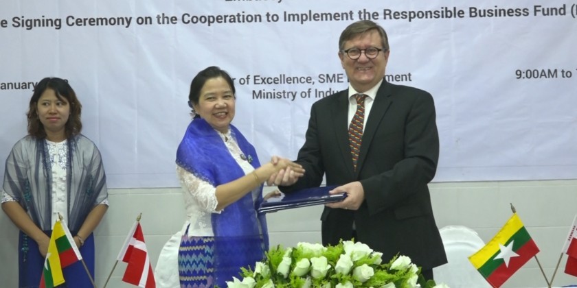 To promote inclusive and sustainable economic growth for Myanmar SMEs entrepreneurs, Denmark Embassy and Myanmar’s Department of SMEs Development entered into a partnership with Responsible Business Fund 