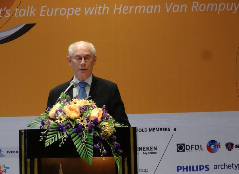 Herman Van Rompuy spoke out against nationalism and discrimination during a reception in Mandalay            