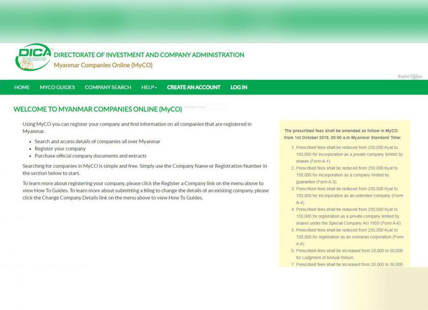 Directorate of Investment and Company Administration (DICA) implemented its online payments for the registration of companies at Myanmar Companies Online (MyCO) website 